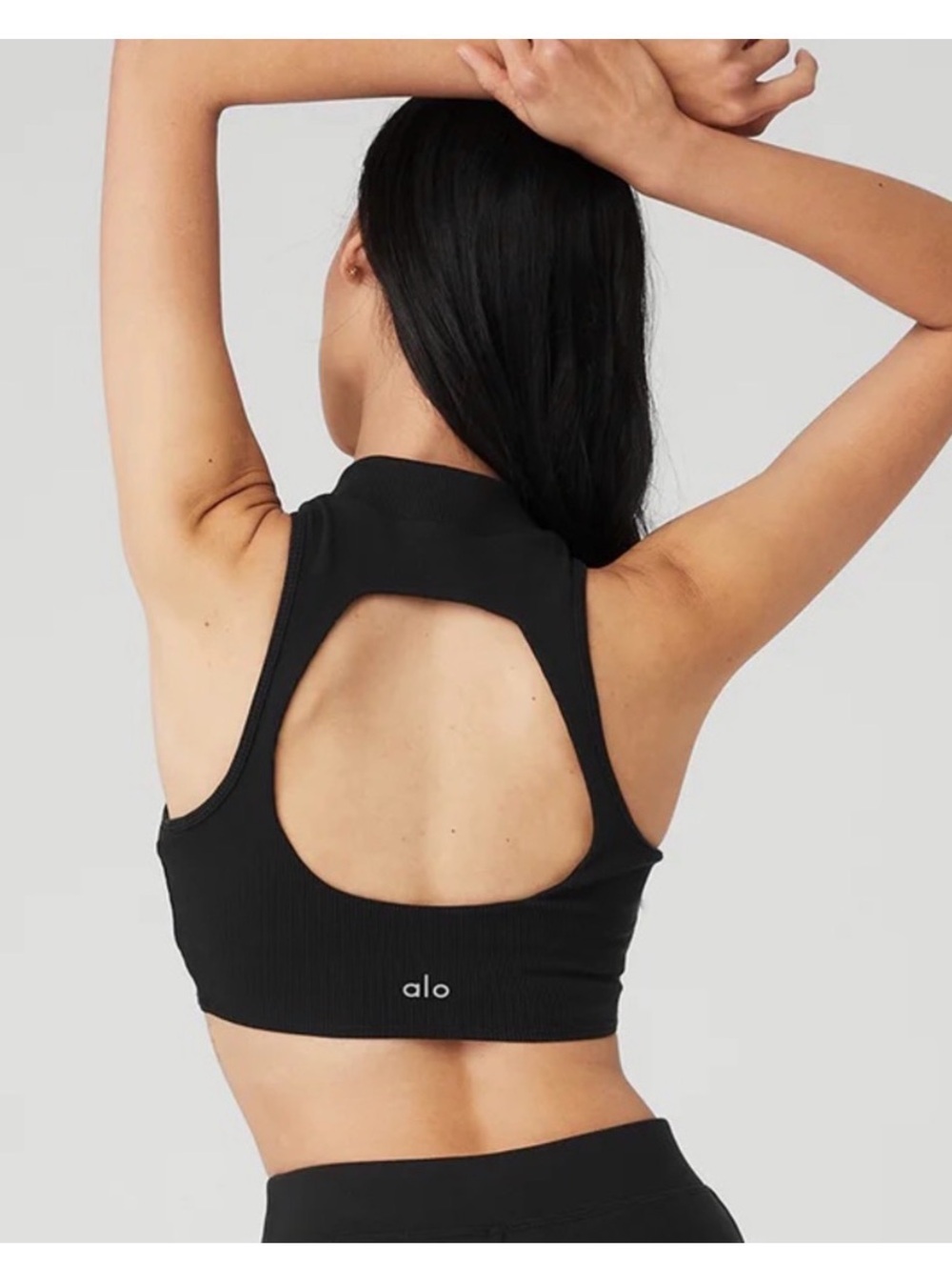 ALO Yoga Goddess Black Ribbed Open-Back Racerback Sports Bra crop top